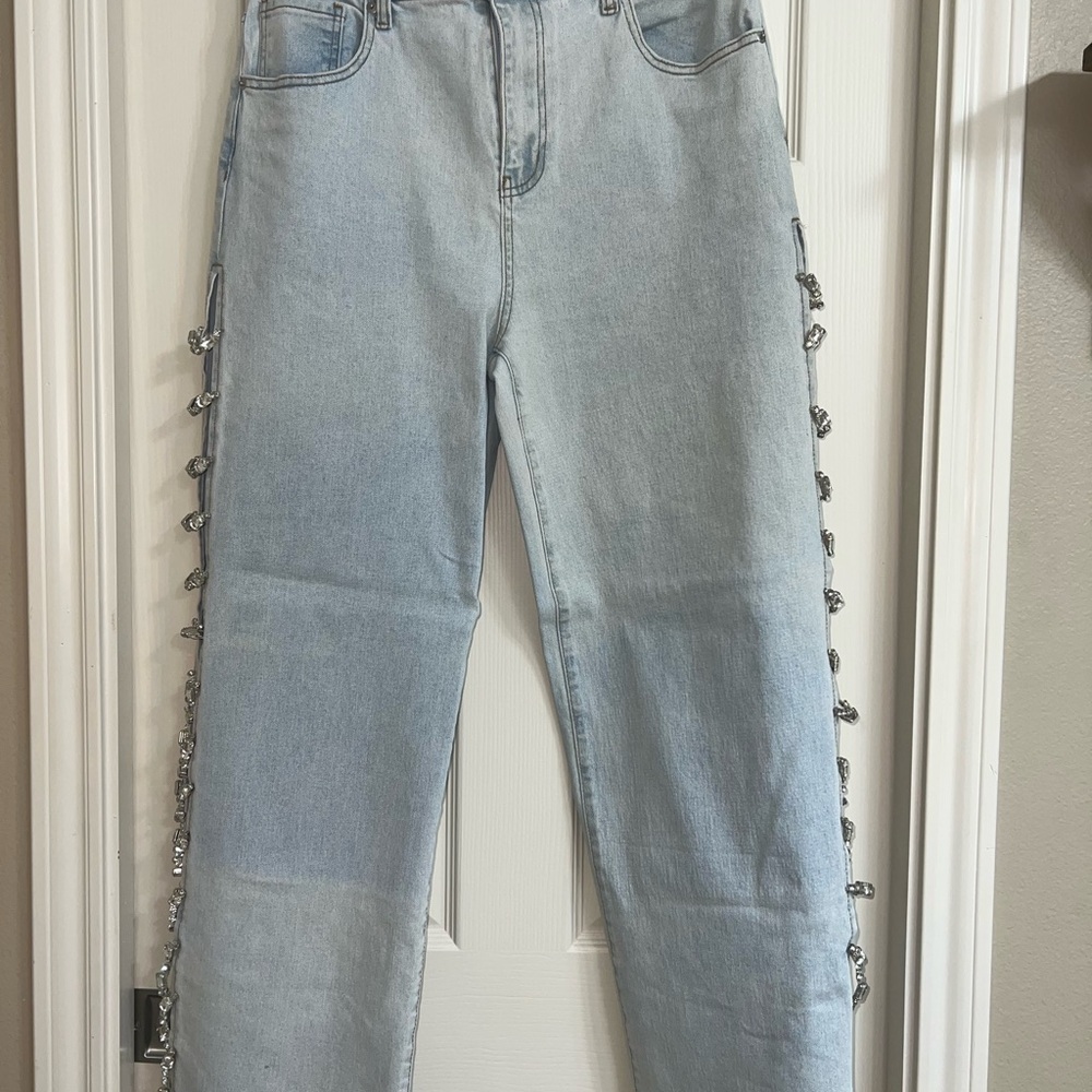 AKIRA Blue Straight Leg Jeans with Lace-Up Detail